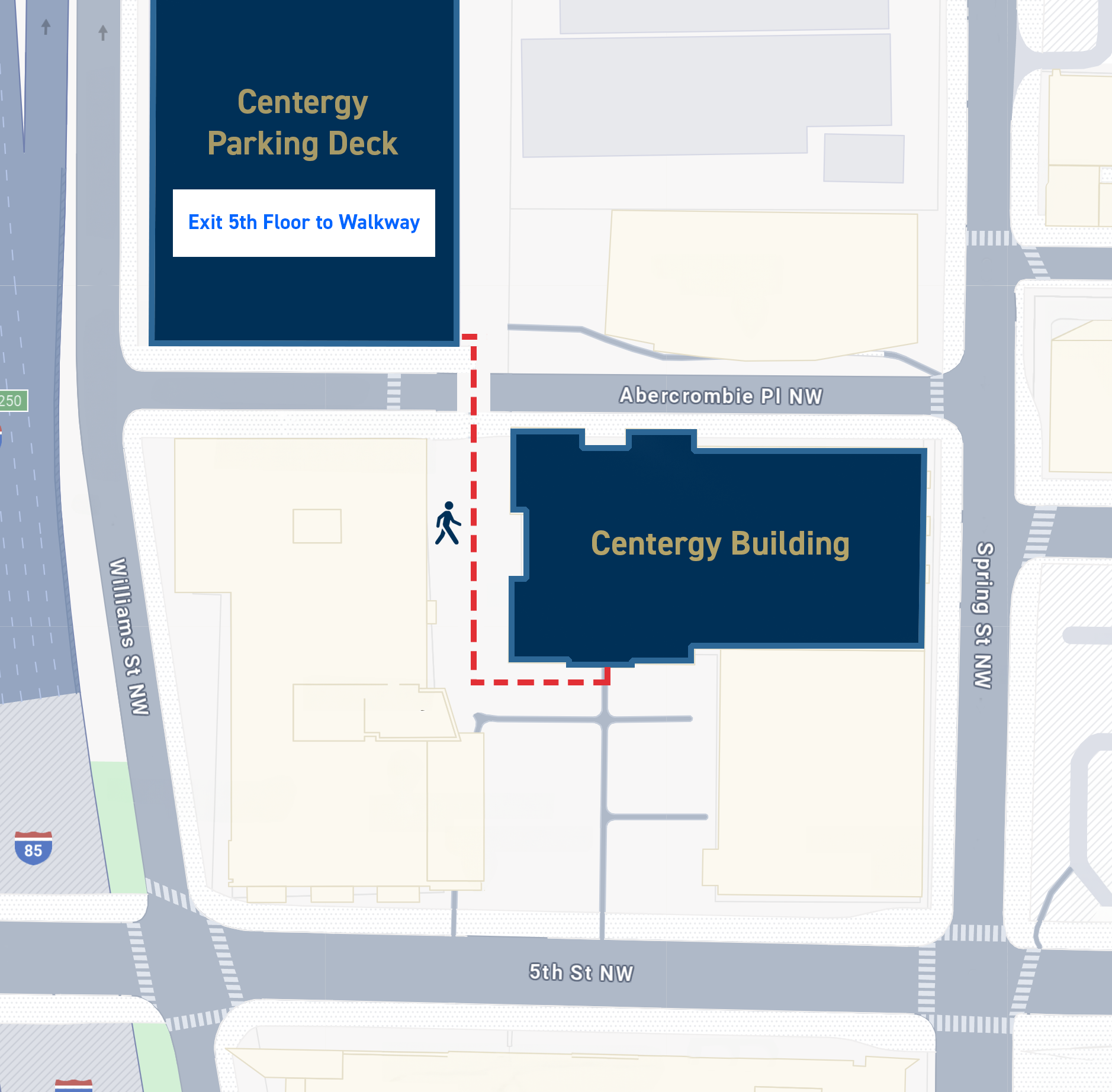 Map showing how to get from parking deck to building