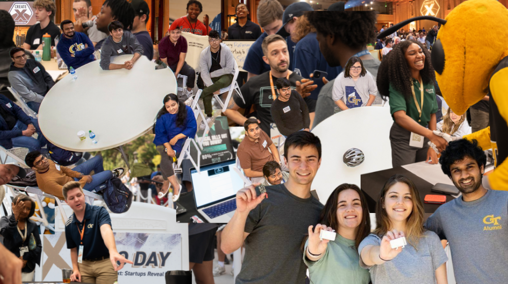 Image of CREATE-X Founders in the Startup Launch program, showing their products, meeting guests of Demo Day, and networking