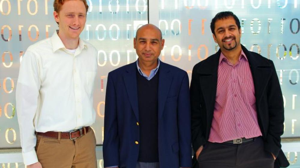 Pindrop Security is using "acoustic fingerprint" technology developed in the Georgia Tech Information Security Center (GTISC) to address security concerns of the telephone network. Shown are (left to right) assistant professor Patrick Traynor, GTISC director Mustaque Ahamad and Pindrop CEO Vijay Balasubramaniyan. (Photo: Justin Law)